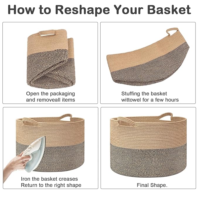 115L Extra Large Blanket Basket,Woven Rope Laundry Basket Hamper with Handles, Decorative Nursery Basket Storage Bin for Toys, Clothes Organizer, Living Room, Bedroom, Bathroom, Jute&Black