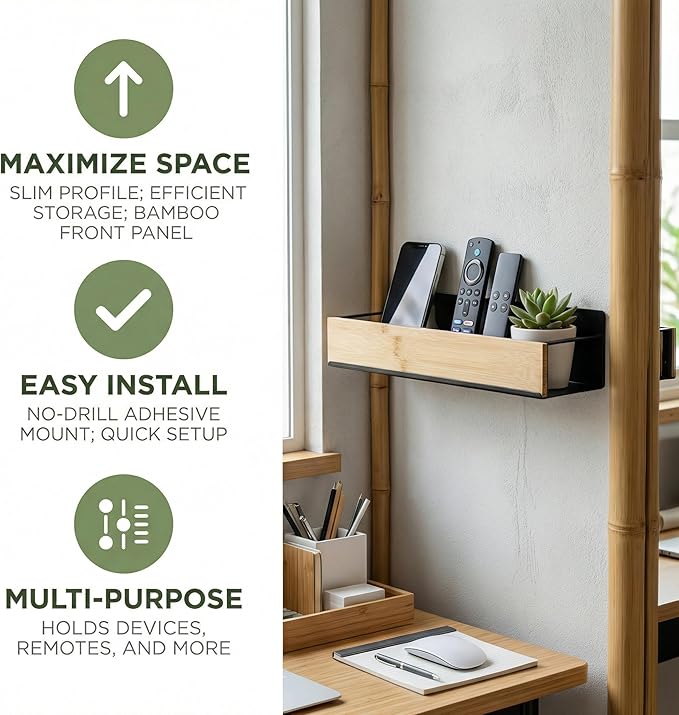 Wall Mount Organizer,Adhesive Metal Shelf with Bamboo Lip,Bathroom Shelves for Wall,Self Adhesive Organizer,Shower Caddies,No Drilling Stick-on Wall Rack,for Bathroom,Kitchen,Living Room (White)