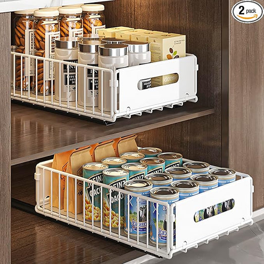 2 Pack Pull Out Cabinet Organizer, Heavy Duty Slide Out Pantry Drawers Shelves Storage With Strong Adhesive Strips and Handle for Kitchen, Bathroom, Living Room, Home (14.8"D X 9.6"W X 3.9"H)