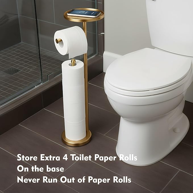 Gold Toilet Paper Holder with Shelf, Tissue Roll Holder Stand with Storage for Holding Extra 4 Toilet Paper Rolls, Stainless Steel Rustproof Freestanding (Brushed Gold)