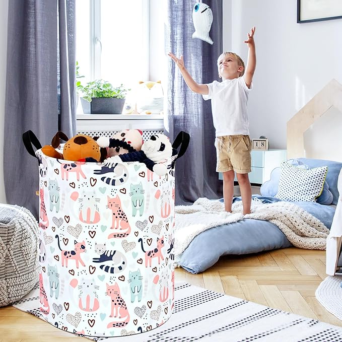Kids Laundry Hamper Clothes Gift Basket Storage Laundry Baskets Organizer Bin with Handles for Nursery Room (Cat)