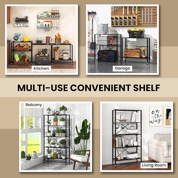 GOFLAME 5-Tier Folding Storage Shelves Set of 2, Adjustable Shelves with Wheels, Detachable Shelving Unit, Large Capacity, Storage Rack for Garage, Kitchen, Balcony, Living Room, Black