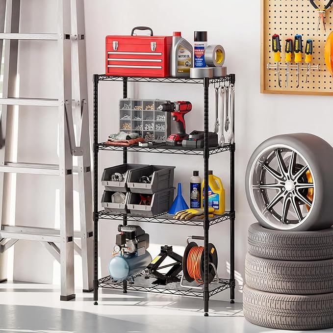 GOFLAME 4-Tier Metal Storage Shelving Unit, Heavy-Duty Adjustable Utility Shelf with V-Shaped Wire Rack, 600 LBS Storage Organizer for Home, Kitchen, Garage, Basement, 23.5”L x 13.5”W x 42.5”H