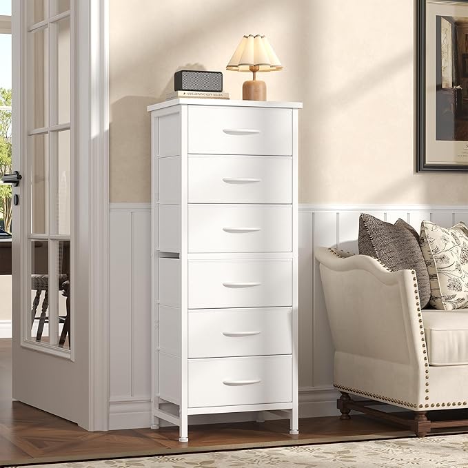 Sweetcrispy Tall Fabric Dresser for Bedroom, 6 Drawer Skinny Chest of Drawers, Narrow Storage Tower with Wood Top and Metal Frame, Vertical Nightstand for Closet, Bedroom Organization Furniture, White