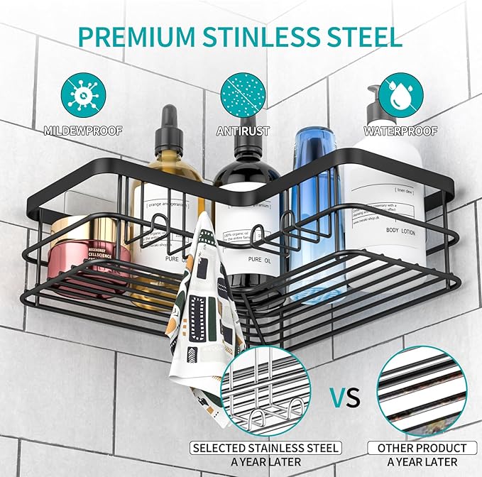 Corner Shower Caddy, 4-Pack Adhesive Shower Shelves with Soap Holder No Drilling, Rustproof Bathroom Shower Organizer Storage, Black