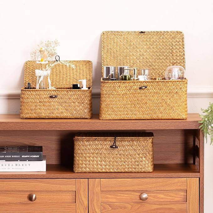 Nonam Storage Basket with Lid, Natural Seagrass Bin with Lid Set of 3, Shelf Baskets Multipurpose Container for Boho Decoration, Rectangular Household Storage Boxes for Home Organization-Natural