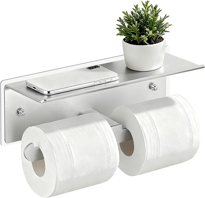 Toilet Paper Holder with Shelf, Adhesive Double Tissue Roll Holder Wall Mounted for Bathroom, Silver