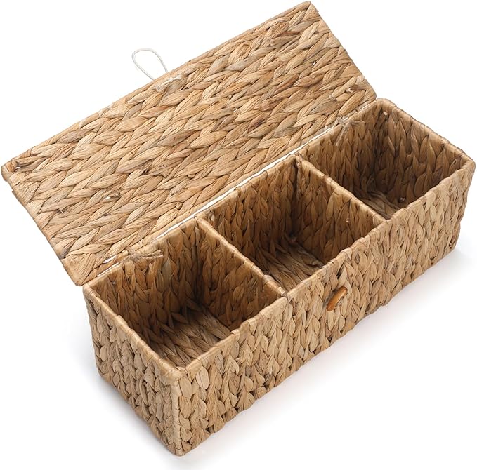 Wicker Bathroom Basket with Lid, Water Hyacinth Toilet Tank Basket with 3 Compartments, Woven Storage Box for Bathroom Organizer (16.7 x 5.7 x 5.7 inch)