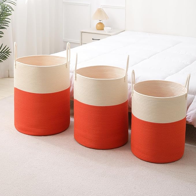 Woven Laundry Hamper Tall Rope Storage Basket for Blanket oys Dirty Clothes in Living Room Bathroom Bedroom (White&Orange, 100L/26.4Gal)