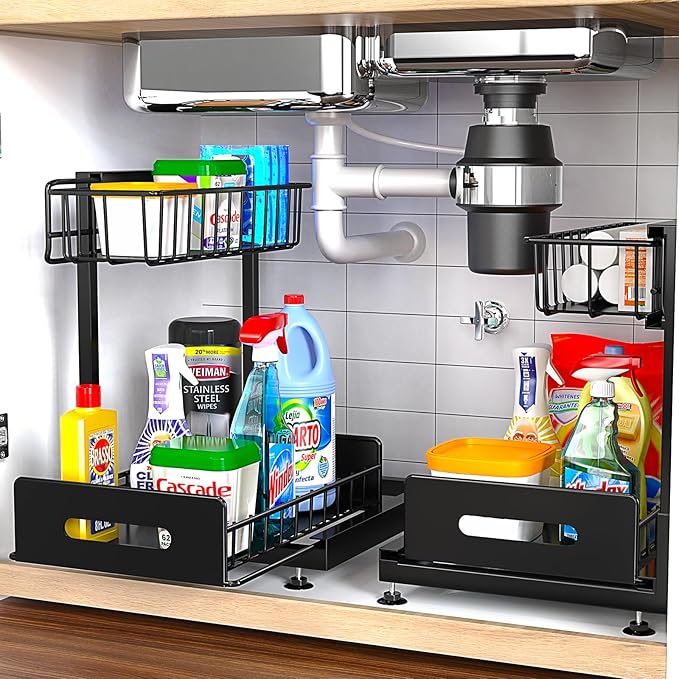 Mlinavn 2 Pack Under Sink Organizer,Pull Out Cabinet Organizer 2 Tier Slide Out Sink Shelf Cabinet Organizer and Storage,Adjustable Under Counter Organizers for Under Kitchen Bathroom Organization