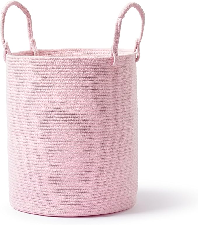Laundry Basket – Laundry Hamper for Clothes, Blankets, Yoga Mat – Woven Cotton Rope Basket for Living Room, Nursery Room – Boho Style – 15”D x 18”H – Light Pink