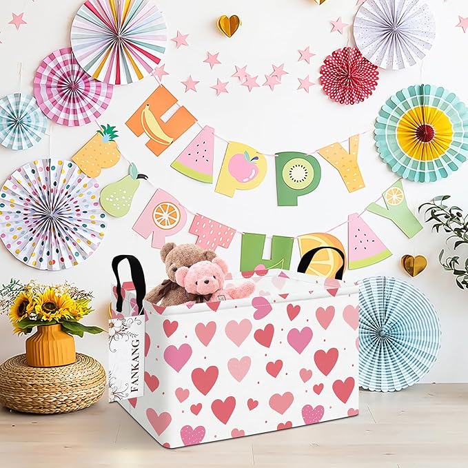 Storage Bins,Nursery Hamper Canvas Laundry Basket Foldable with Waterproof PE Coating Storage Baskets for Boys and Girls, Office, Bedroom, Clothes,Toys(Rec-Colorful hearts ）