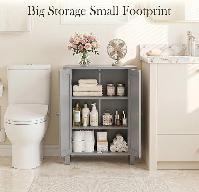 SUPER DEAL Modern Bathroom Floor Storage Cabinet with Adjustable Shelf and Double Door Rust Proof, Living Room Modern Home Furniture Storage Organizer Cabinet, Grey
