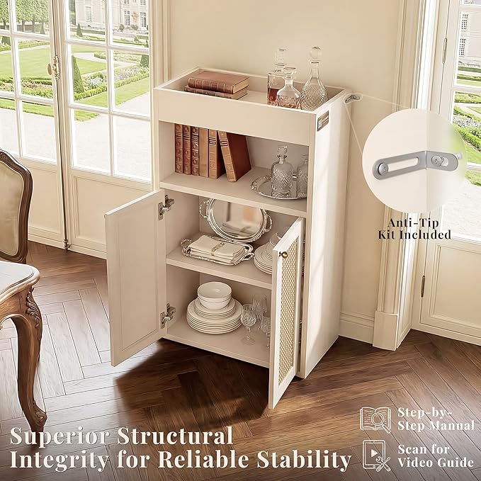 Bathroom Storage Cabinet, Rattan Freestanding Floor Organizer with Anti-Tip Devices and Adjustable Shelf, Small Cabinet for Bathroom, Kitchen, Living Room, White
