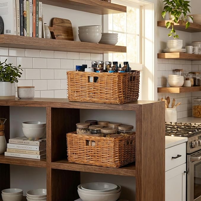 StorageWorks Pantry Baskets, Willow Storage Baskets for Organizing, Shelves, Pantry Organizers and Storage, Brown, 15"L x 11"W x 6 ¾"H