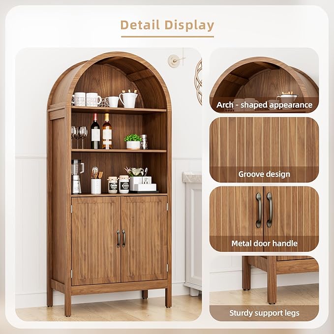 Lxsxlome 70.9" Tall Storage Cabinet with Fluted Doors, Arched Freestanding Cabinet with 5 Shelves, Wooden Bookcase Storage Cabinet Suitable for Living Room, Dining Room, Bathroom