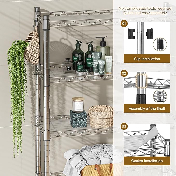 Ekisemio 4-Tier Over The Toilet Storage, Metal Bathroom Shelf with Adjustable Shelves & Basket, Space-Saving Above Toilet Organizer, Chrome