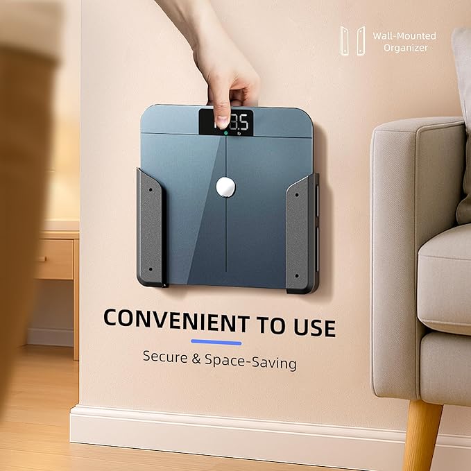 ELETIUO Wall-Mounted Scale Holder with Adhesive &Screws -Fits Most Digital Scales (Up to 1.2"/30mm Thick),Anti-Slip Silicone Pads,Space-Saving Bathroom/Bedroom Organizer-Easy to Install, Black