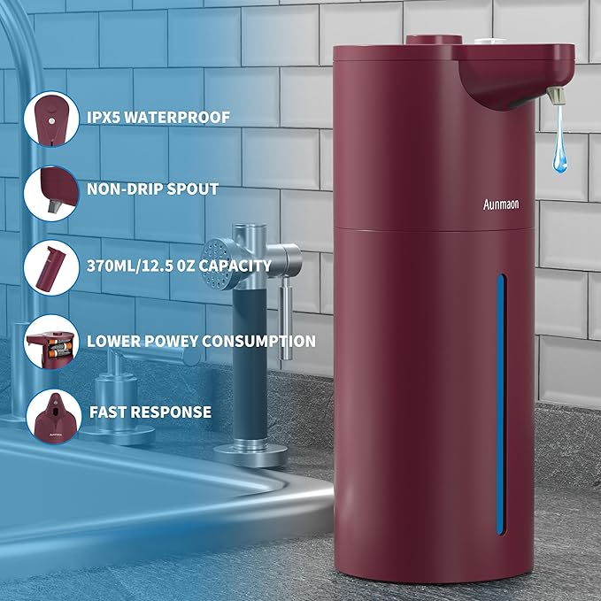 Automatic Soap Dispenser Touchless, Hands-Free, Multi Adjustable Volume, Long Battery Life, Compatible with Thick & Thin Dish/Hand Soap for Bathroom and Kitchen, Easy for Toddlers, Red