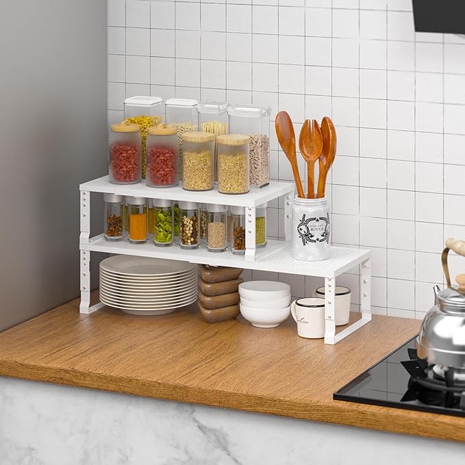 Metal Stackable Expandable Storage Rack, Adjustable Under Sink Shelf & Countertop Space Saving, Heavy-Duty Pantry Storage, Suitable for Kitchens, RV, Bathrooms, Workshops or Offices