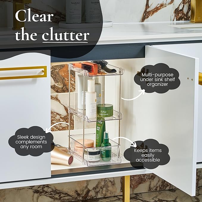 3-Pack Clear Bathroom Organizer Under Sink – 3-Tier Slide-Out Drawer Storage Shelf for Toiletries, Makeup, Hair Products | Compact Acrylic Under Sink Organizer for Bathroom Cabinet Organization