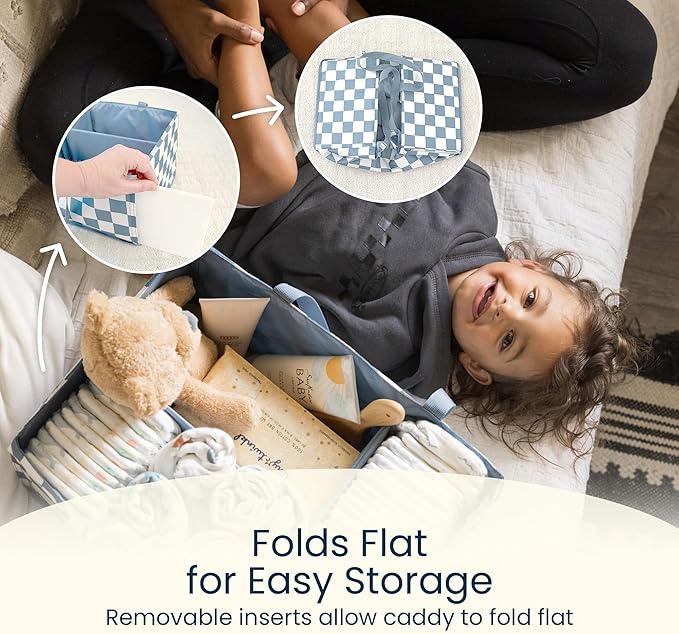 Tiny Twinkle Diaper Caddy Organizer | Foldable Baby Storage Basket with Removable Divider | Waterproof & Mess-Proof Fabric, Portable Nursery Organizer for Newborn Essentials (Black Checkers)