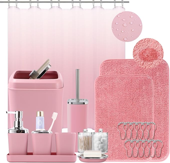 XLHOMO Bathroom Accessory Set–Bathroom Sets with Shower Curtain and Rugs, Non Slip Bathroom Rugs Super Absorbent, Pink Ombre Waterproof Shower Curtain with Hooks, Pink Bathroom Sets Complete for Home