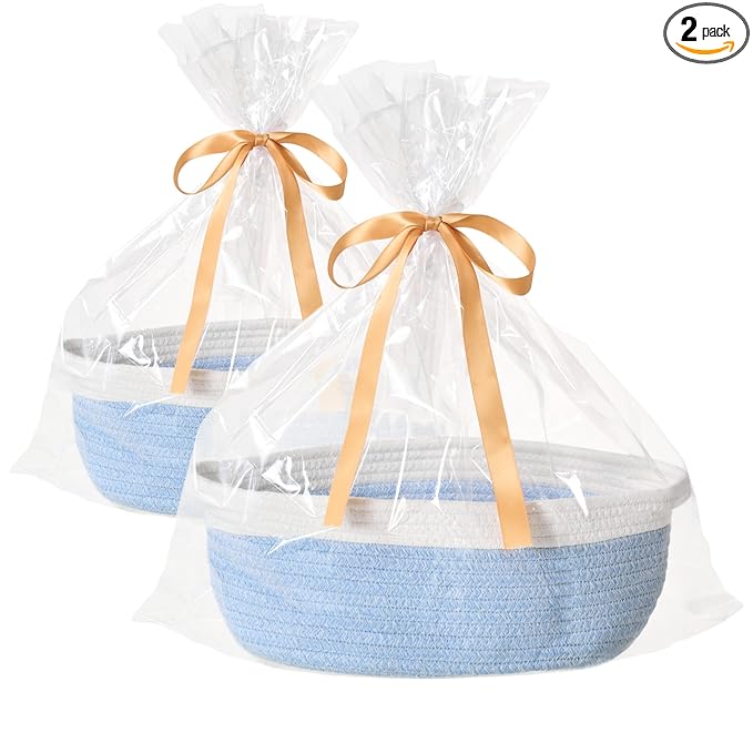 Small Woven Gift Basket Empty with Bag & Ribbon - Gifts for Mom, Baby Shower, Birthdays & Raffle - Cotton Rope Storage Basket for Dog Toys or Shelf - 12"x8"x5", White & Blue, 2 Packs