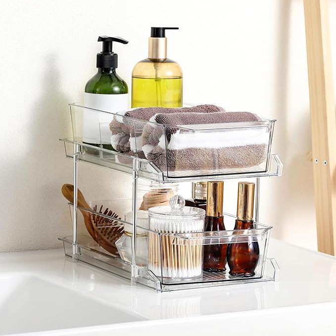 2 Set, 2 Tier Clear Organizer with Dividers for Cabinet, Shlef, Counter - MultiUse Slide-Out Storage Container - Kitchen, Pantry, Medicine Cupboard Bins, Bathroom, Vanity Makeup, Under Sink Organizing