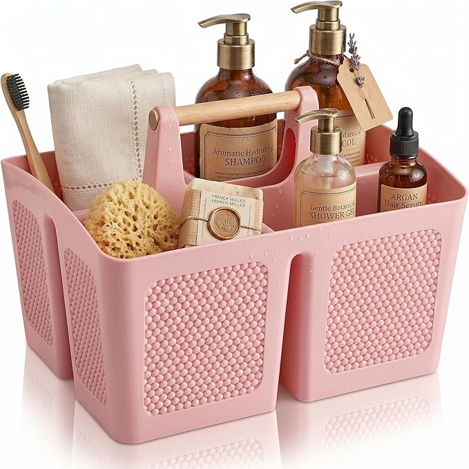 Haundry Portable Shower Caddy Basket with Handle, 3-Compartment Plastic Bathroom Organizer, Dorm Shower Basket for College Students, Quick Drain Storage Tote for Toiletries, Camping, Gym, RV