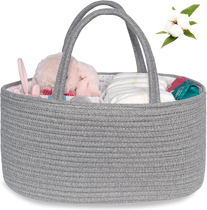 ABenkle Diaper Caddy Organizer, Rustic Boho Cotton Rope Nursery Baby Basket, Changing Table Organizer for Baby Diaper Storage, Neutral Grey