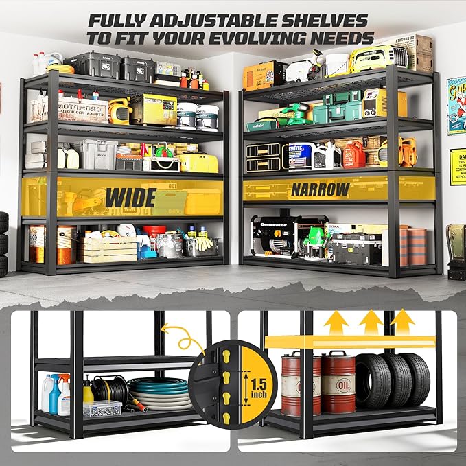 Garage Shelving, 2000LBS Garage Storage Shelves, 5-Tier Heavy Duty Shelves, Utility Adjustable Metal Shelving Unit, 72" H x 35.4" W x 15.7" D Storage Shelf for Warehouse, Basement, Closet