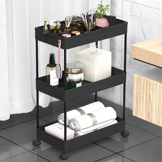 SPACELEAD 3 Tier Rolling Cart with Wheels, Storage Craft Art Trolley Organizer Serving, 3 Hanging Baskets Easy Assembly, for Office, Bathroom，Living Room, Kitchen, Black