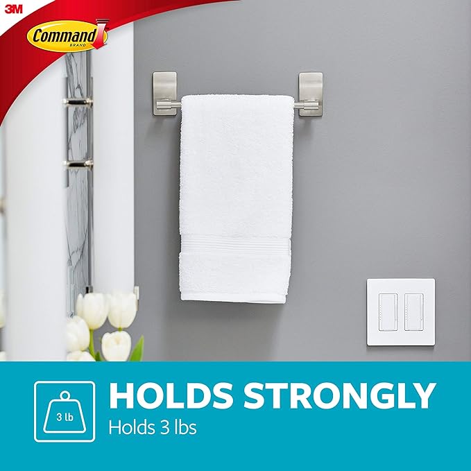 Command Hand Towel Bar Satin Nickel with 4 Water Resistant Command Strips,9" Hand Towel Holder,Holds up to 3 lb,Great for Bathroom Décor on The Wall,Inside The Cabinet,or in-The Shower,(Pack of 8)