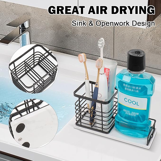 Toothbrush Holder, Luxurious Metal Toothbrush Toothpaste Holder with Marble Base for Bathroom, Multi-Slots Openwork Design, Bathroom Accessory for Storage and Organizer (Large, Matte Black)