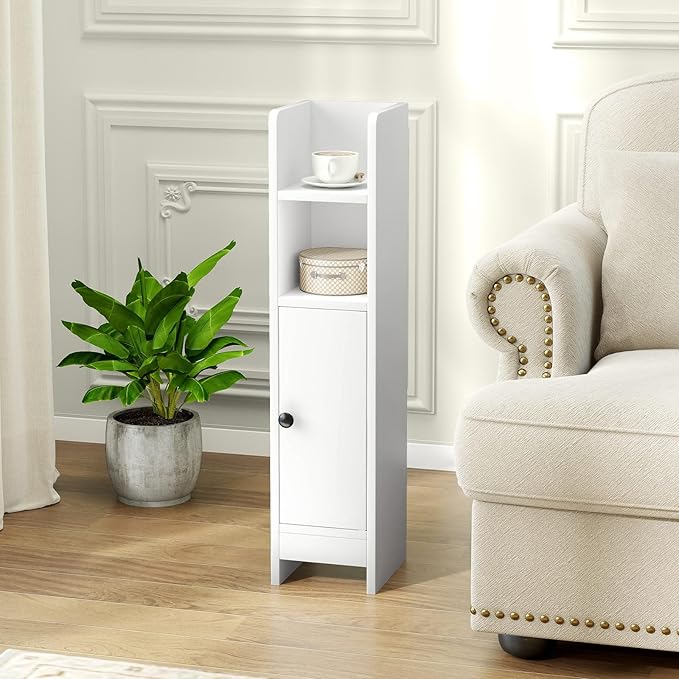 LOKO Narrow Bathroom Storage Cabinet, Modern Small Corner Floor Cabinet with 3-Level Adjustable Shelf, Slim Toilet Paper Holder Stand for Small Spaces, Laundry Room, Kitchen (White)