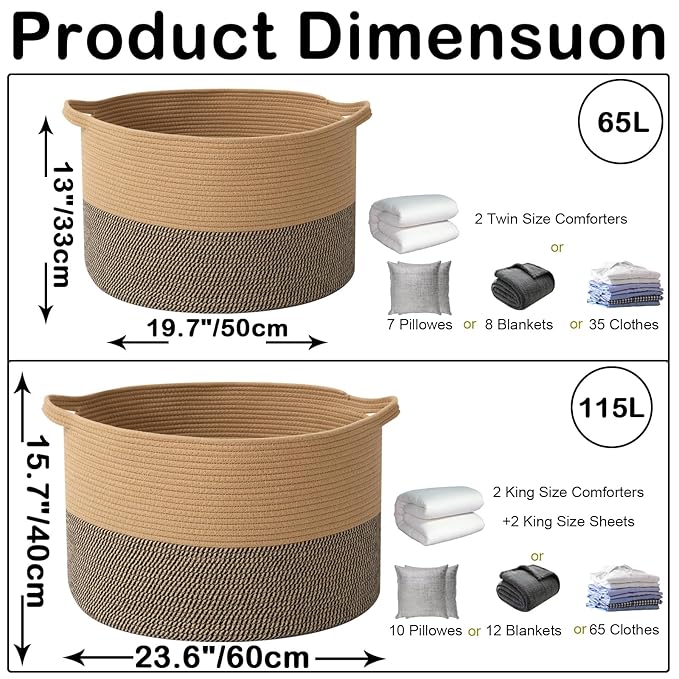 115L Extra Large Blanket Basket,Woven Rope Laundry Basket Hamper with Handles, Decorative Nursery Basket Storage Bin for Toys, Clothes Organizer, Living Room, Bedroom, Bathroom, Jute&Black
