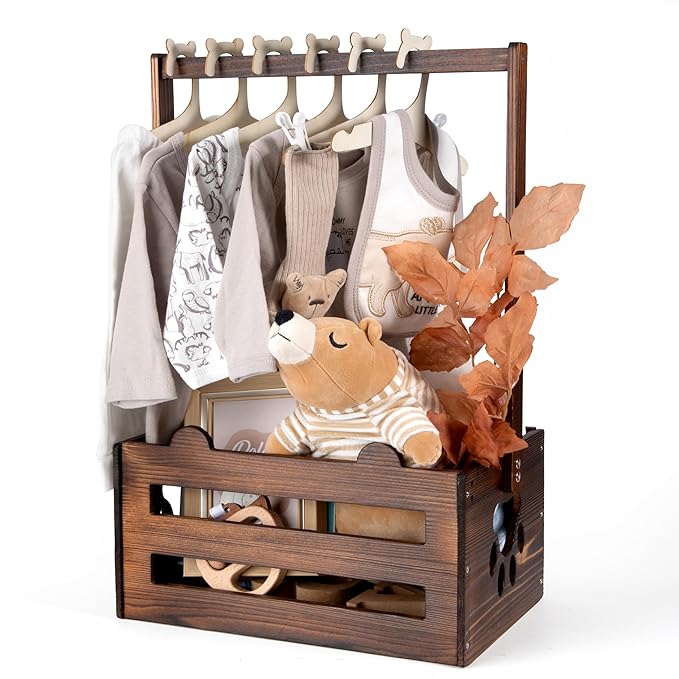 GiftAmaz Brown Wooden Baby Shower Crate Closet, Baby Storage Crate with Handle, Baby Shower Gifts Basket, Baby Welcome Box for Newborn Boys Girls, Pregnancy Gifts for New Parents