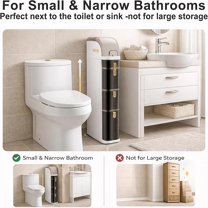 Slim Bathroom Storage Cabinet with Drawers, Narrow Floor Cabinet for Small Spaces, Vertical Bathroom Organizer Next to Toilet, Freestanding Bathroom Storage with Wheels