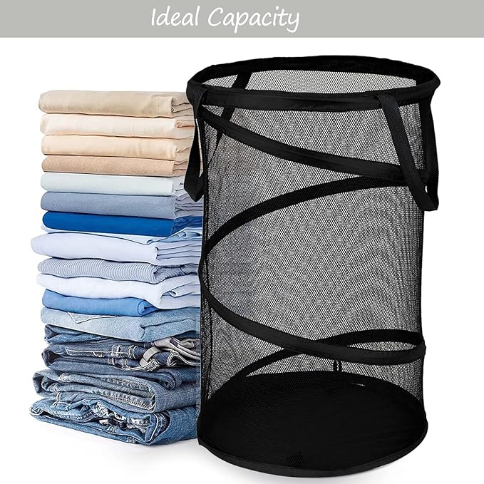 BATTOO Collapsible Laundry Basket Foldable Mesh Pop Up Hamper with Handles for Laundry Room, Bathroom, Kids Room, College Dorm, Travel, Storage Organizer Black