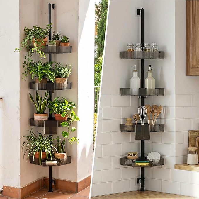 Corner Shower Caddy, Extendable Rustproof Shower Organizer Adjustable 4-Tier Bathroom Shelves Anti-Tipping Bathtub Shampoo Storage Floor Standing Bath Rack Shower Shelf with Soap Dish
