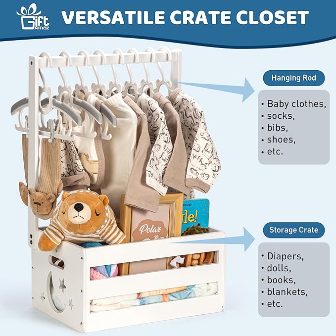 GiftAmaz White Wooden Baby Shower Crate Closet, Baby Storage Crate with Handle, Basket for Baby Shower Gifts, Welcome Gift Basket for Newborn Boys Girls, Pregnancy Gifts for New Parents