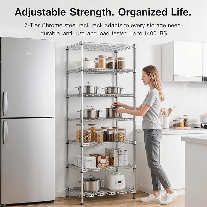 Finnhomy Heavy Duty 7 Tier Wire Shelving, 24x24x72 inches 7 Shelves Storage Rack with Thicken Steel Tube, Pantry Shelves for Storage, Adjustable Metal Shelf Unit, NSF Certified, Chrome
