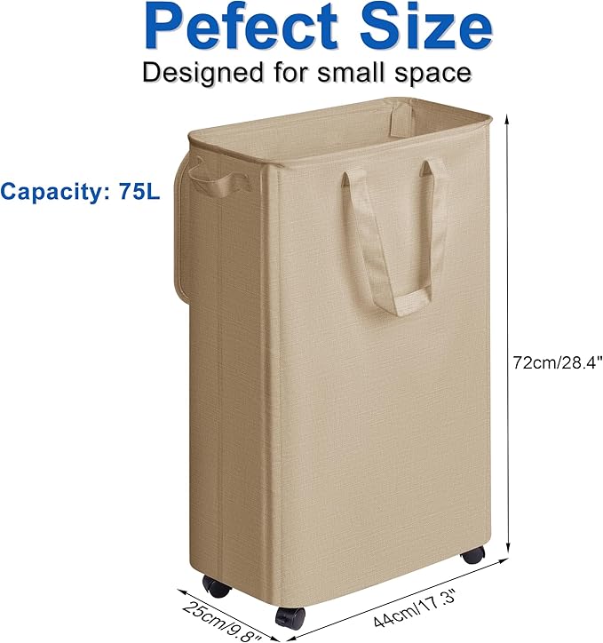 Vincona Slim Laundry Hamper with Lid and Wheels, Small Rolling Laundry Basket with Handle for Small Spaces, Tall Dirty Clothes Hampers for Dorm, Bathroom and Bedroom, 75L, Oatmeal
