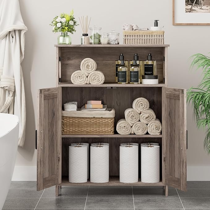 Homhedy Farmhouse Bathroom Storage Cabinet with 2 Doors, Toilet Paper Cabinet with Adjustable Shelves, Small Bathroom Cabinet for Kitchen/Laundry/Living Room, 11.8 x 23.6 x 31.5 Inches, Greige