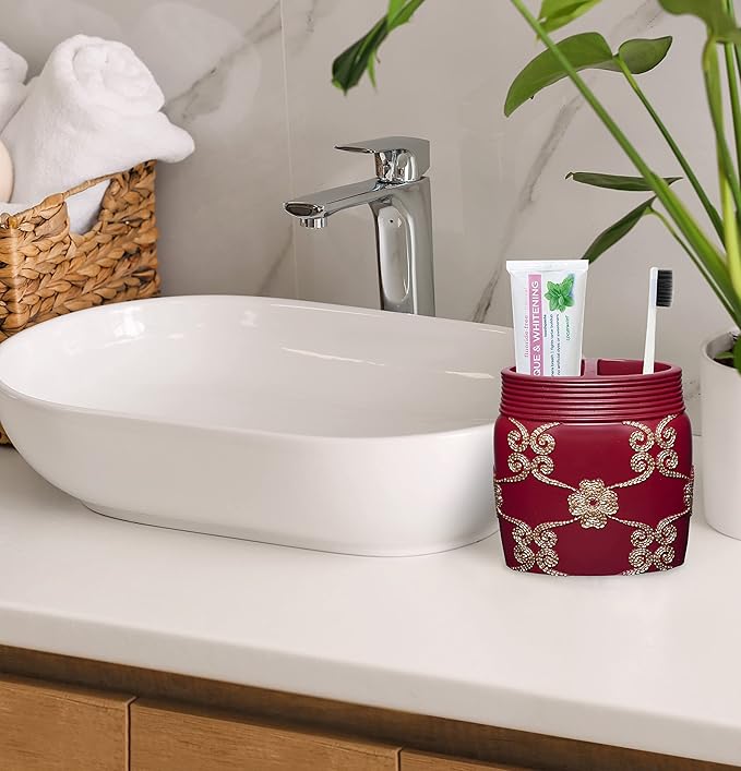 Zahari Home 4pc Elegant Rose Burgundy Bathroom Set Classic Bathroom Lotion Dispenser, Tumbler, Toothbrush Case and Bar Soap Holder Modern Uunique Design Burgundy Red Bathroom Accessories