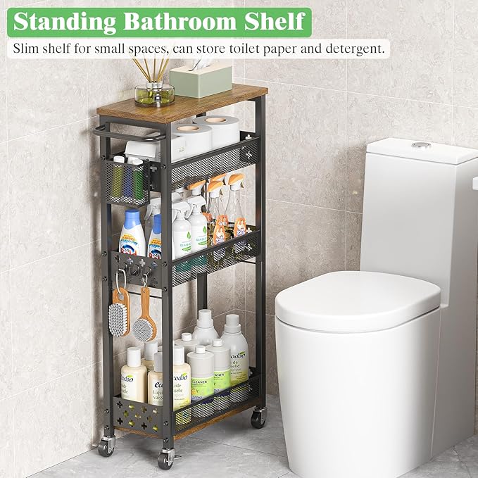 Slim Storage Cart with Wheels - 4 Tier Utility Narrow Rolling Cart with Wood Top, Metal Trolley for Bathroom Laundry Kitchen Organization with Handle, 7.1 inch Wide for Small Space, Black