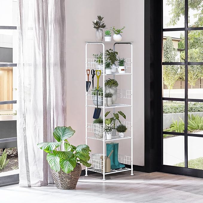 5 Tier Metal Wire Storage Rack with Wooden Top, Versatile Utility Organizer with Casters for Laundry Pantry Bathroom, Kitchen Organizers and Storage Shelving Unit Rolling Utility Carts, Grey
