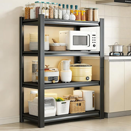 4-Tier Kitchen Shelf Organizer, Metal Pantry Shelves, Adjustable Storage Rack, Heavy Duty Metal Shelves for Pots, Pans, Bottles & Pantry Goods, Space-Saving, Black (63" H x 45" W x 19.6" D)