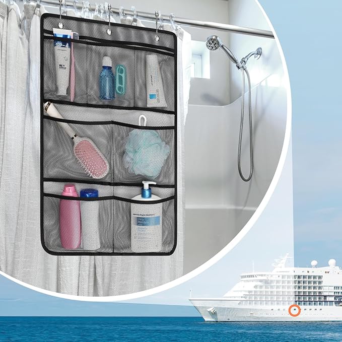 F-color Cruise Essentials 2026 - Mesh Shower Organizer Hanging with 7 Pockets for RV Gym Camping, Quick-Dry Portable Toiletry Bag with Metal Hooks for Bathroom Travel Toiletries, Black+Black